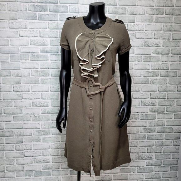 Viktor & Rolf by H&M Womens 10 Taupe Silk Ruffle‎ Button Front Heart Belt Dress - Picture 1 of 11